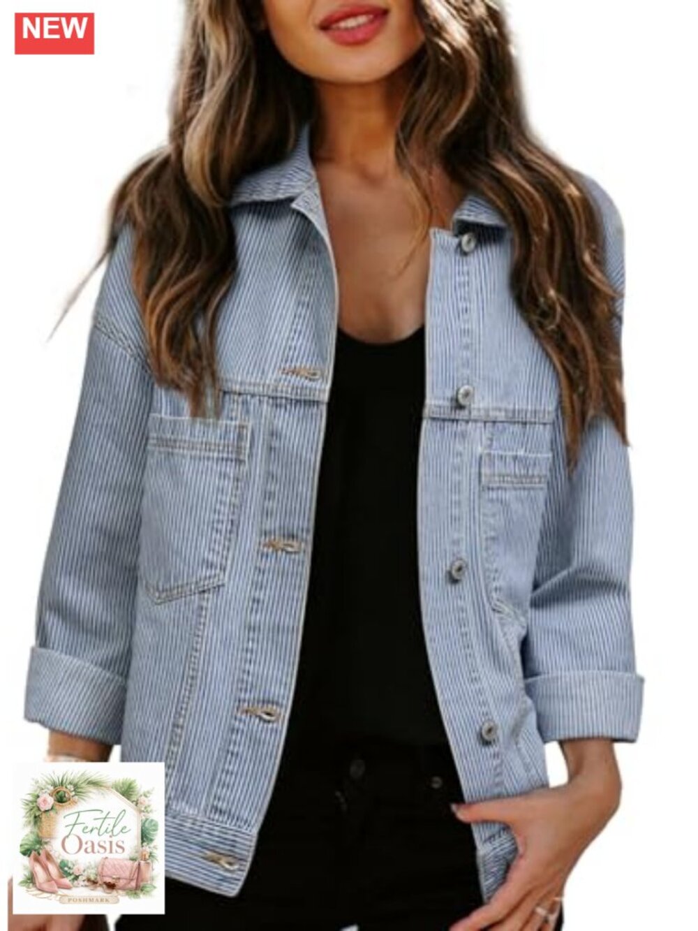 Women's Oversized Denim Jacket Long Sleeve Button Front Patch Pocket Coat